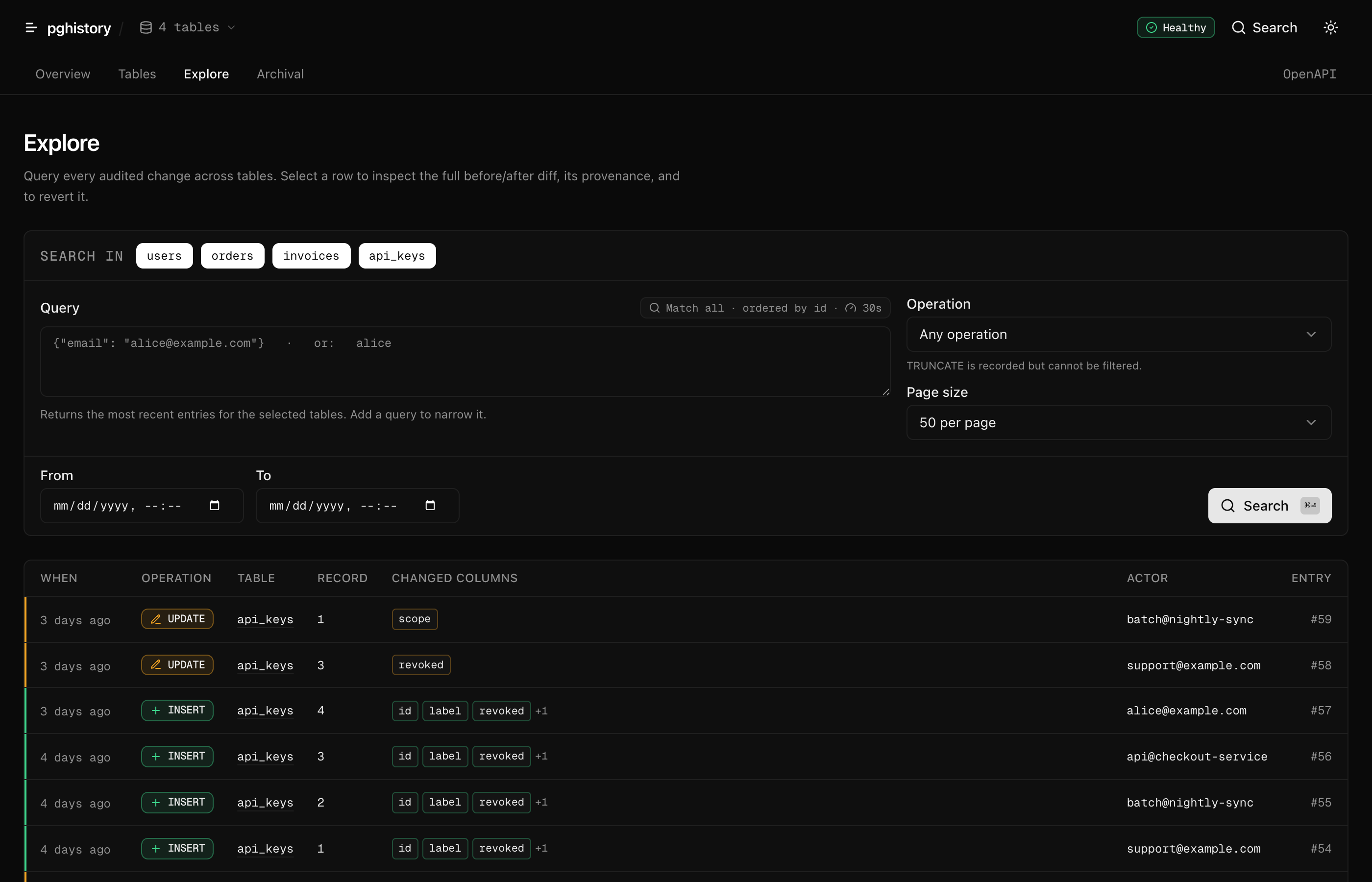 The pg-history dashboard exploring audit entries, with a query console showing which search engine and index a query will use.
