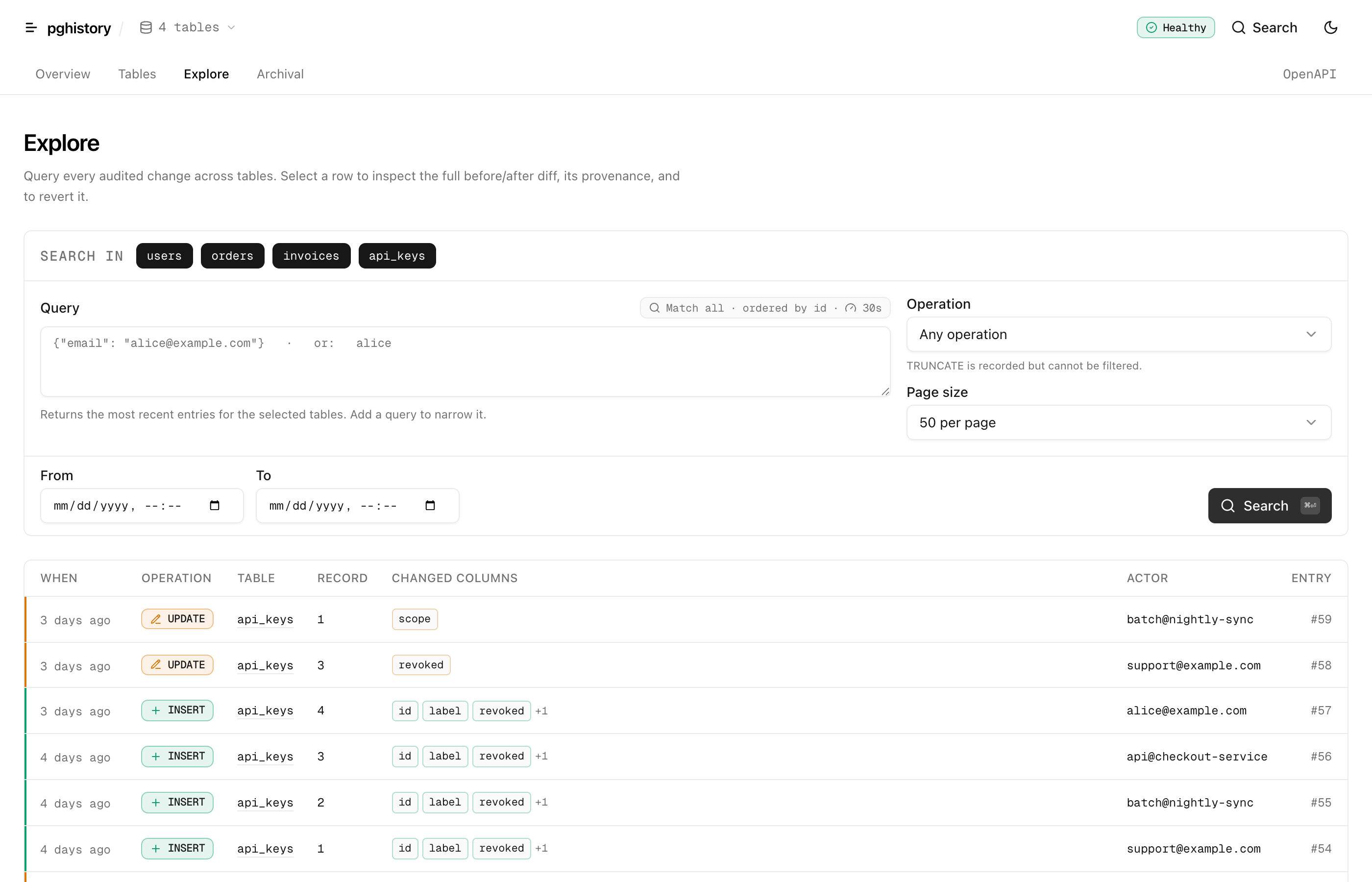 The pg-history dashboard exploring audit entries, with a query console showing which search engine and index a query will use.
