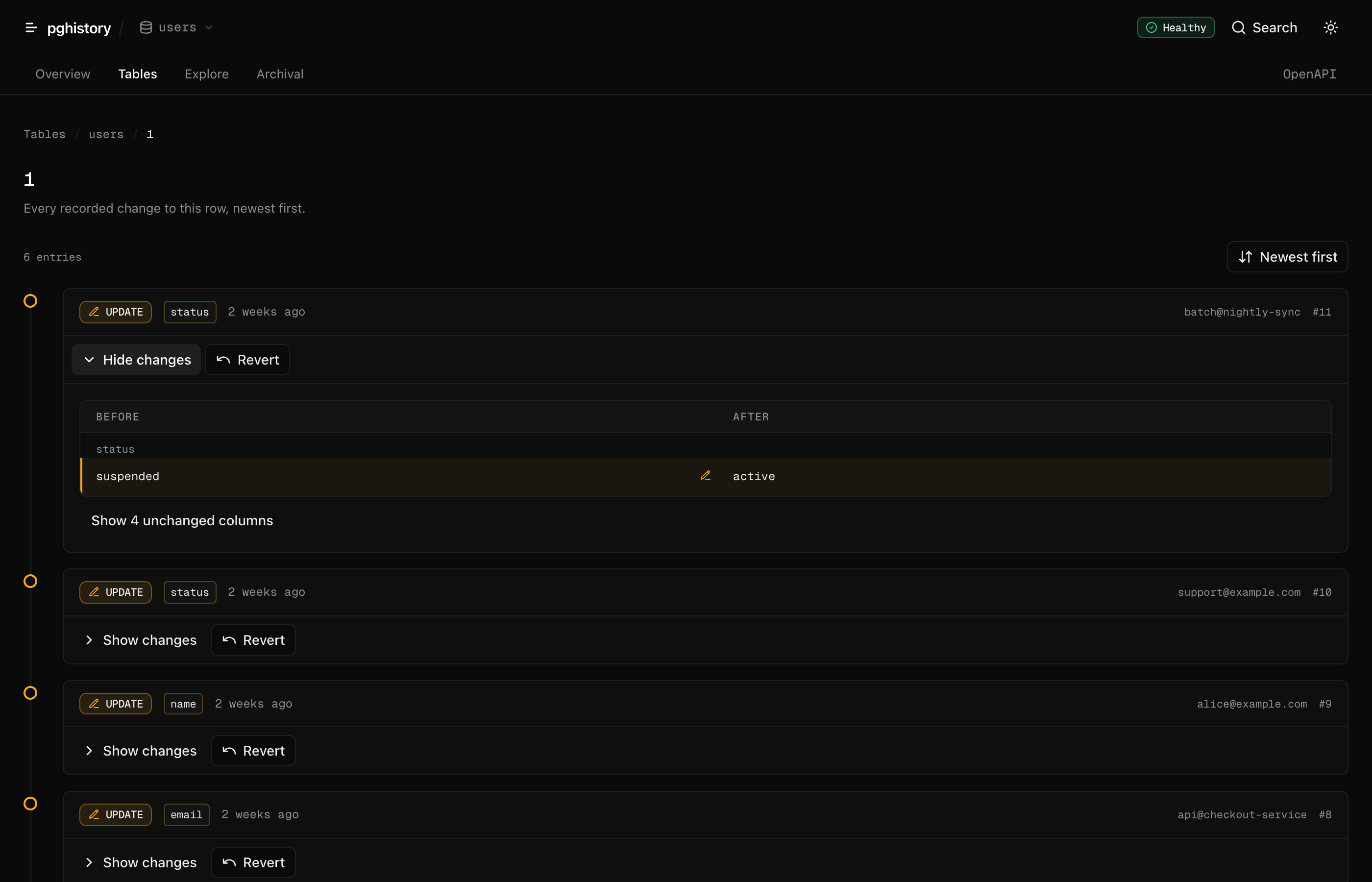 One record’s change timeline, each entry colour-coded by operation with a before and after diff.