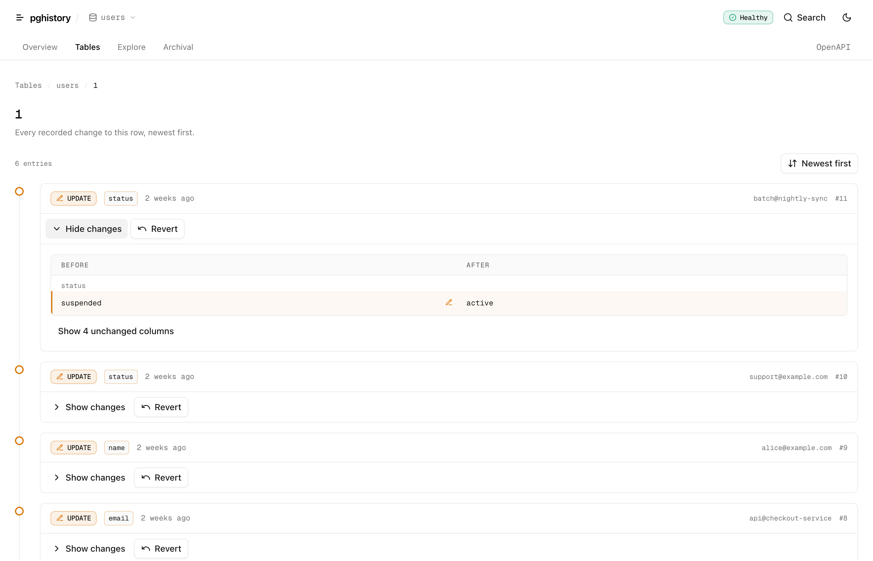 One record’s change timeline, each entry colour-coded by operation with a before and after diff.
